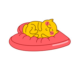 Cute cat lying relaxed on a soft red heart cushion, symbolizing comfort, love for pets, warmth, relaxation, and cozy home atmosphere.