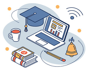 Online education composition with an open laptop streaming a video lesson, graduation cap above the screen, stacked books, pencil cup, calendar