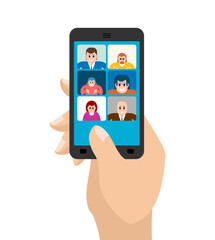 Video conference on smartphone with human finger tapping screen, symbolizing touch technology, remote meetings, online communication, and interactive control.