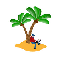 man working with laptop under palm tree on tropical island. Symbol of remote work, freelance lifestyle, and digital nomads. Perfect for travel, work, and business projects.