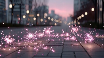 Pink Sparkles on Urban Sidewalk at Dusk Celebration Scene