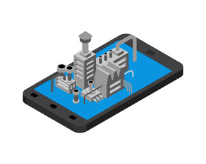 factory inside a smartphone. Symbol of digital industry, mobile technology, and future smart manufacturing. Perfect for IT, innovation, and industrial design.