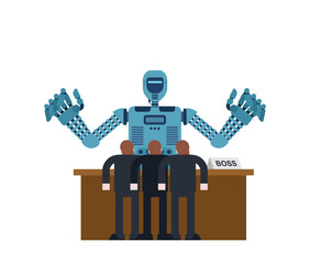 AI robot boss sitting at desk. Symbol of artificial intelligence, corporate leadership, and technology management. Perfect for business, startup, and futuristic projects.