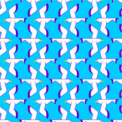 Seamless pattern with flying seagulls on a blue-pink background. Symbol of freedom, sea, nature, and nautical lifestyle. Perfect for wallpapers, textiles, and marine-themed projects.
