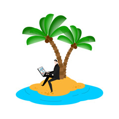 man with laptop under palm near water. Symbol of remote work, freelance, and digital nomad lifestyle. Perfect for travel, outdoor, and business projects.