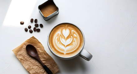 A beautifully designed coffee latte with heart and tulip latte art, served with scattered roasted coffee beans and a wooden spoon on a clean white background