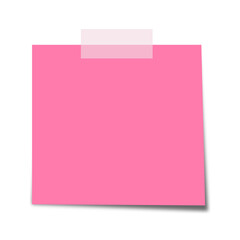 Pink sticky note paper with shadow and tape on white background