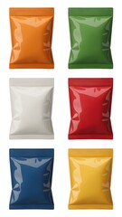 Discover vibrant, modern snack packaging mockups in six distinct, eye-catching colors perfect for brand identity exploration and product presentation.