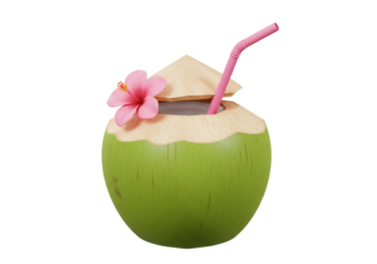 Isolated fresh young coconut water drink with straw and flower on coconut shell, refreshment