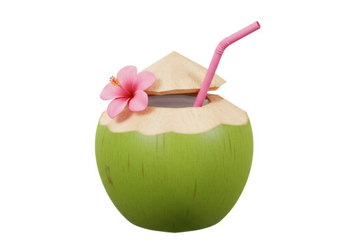 Isolated fresh young coconut water drink with straw and flower on coconut shell, refreshment