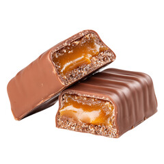Two delicious chocolate bars with caramel filling shown in close up