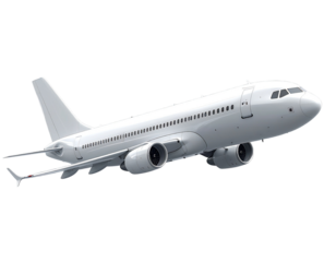 White airplane in flight against a black background