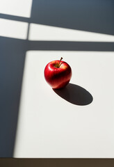 Photo Single red apple on stark white table, dramatic shadow