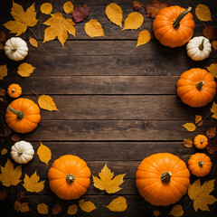 Pumpkins and autumn leaves arranged on rustic wooden table for Halloween