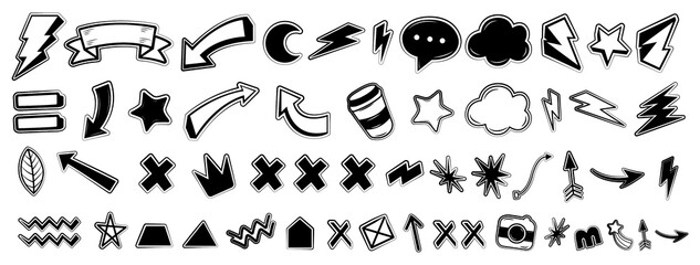 Hand drawn doodle icons set arrows, stars, lightning, speech bubbles, clouds, camera, shapes black and white sketch style vector elements for ui, web, social media, presentations.