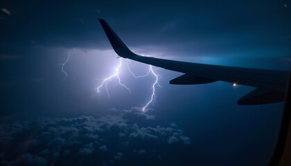An airplane wing is visible against a dark sky filled with lightning. Storm clouds surround the scene, creating a dramatic atmosphere.