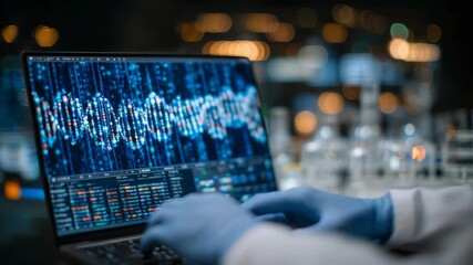A scientist analyzes DNA strands on a computer, showcasing genetic precision with lab instruments in the background. - Powered by Adobe