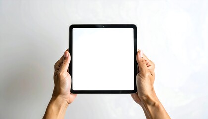 Hands holding a tablet with a blank screen