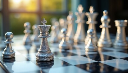 A close-up view of a chessboard with silver pieces. The king stands prominently in the foreground, with other pieces arranged behind it. The background is softly blurred.