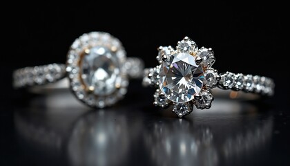 Two elegant diamond rings on a dark background. One ring features a round diamond, while the other has a floral design with multiple smaller stones.
