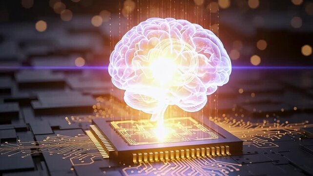 Dynamic holographic brain interfaces with advanced AI processing and futuristic circuit board connections, symbolizing innovation and digital transformation.