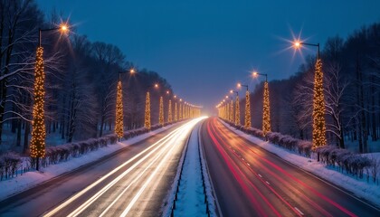 A snowy road illuminated by streetlights and decorated with Christmas lights. The scene captures the essence of winter and holiday spirit at dusk.