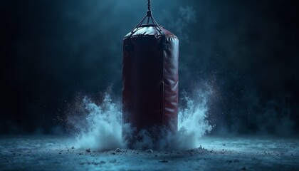 A red punching bag hangs in a dark, misty environment. The scene is illuminated by soft blue light, creating a dramatic atmosphere.