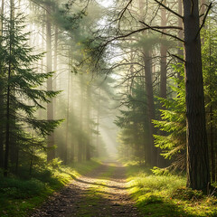 Fototapeta premium Serene Morning in Misty Forest
