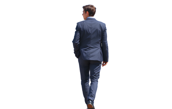 a young man in a dark blue suit is walking towards the camera,.png  - Powered by Adobe