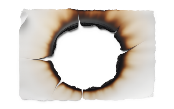 White paper burnt from the center forming a circular pattern, realistic charred edges, isolated on white background.