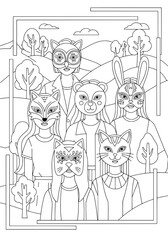 portrait of children in masks. coloring book