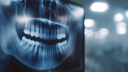 Panoramic dental X ray displaying teeth and jaw structure on a medical display