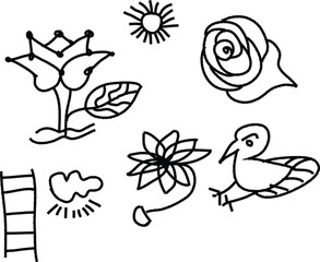 Simple Line Drawing of Nature Elements Including Flowers, Sun, Bird, and Cloud on White Background illustration