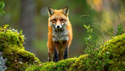 Fototapeta premium Red fox on mossy outcrop