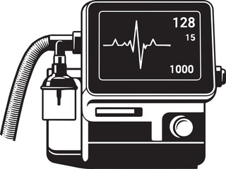 Patient Monitor Display, Black and White Vector Illustration of Heart Rate Waveform and Vital Sign Readings with Medical Sensor
