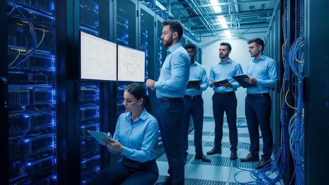 Team of professionals examining server room data analytics and cyber security infrastructure - Powered by Adobe