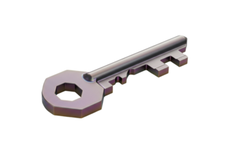 Isolated metal house key with octagonal opening, lying on its side, security concept