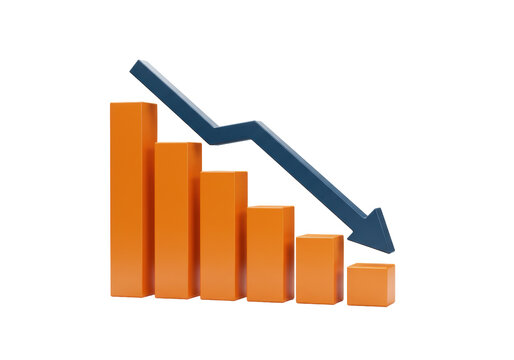 Isolated decrease concept of bar graph with downward arrow representing losses or recession