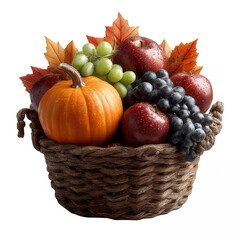 Cornucopia basket carefully filled with pumpkins and fruits isolated on transparent background for autumn harvest decoration