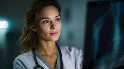 A focused female practitioner examines an X ray image in a dimly lit medical room