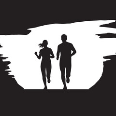 Running Duo Silhouette, Black and White Vector of Two Athletes in Motion with Brushstroke Background