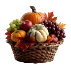 Cornucopia basket carefully filled with pumpkins and fruits isolated on transparent background for autumn harvest decoration