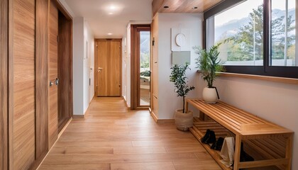 interior stylish modern wooden entrance hallway decor with cozy wooden tone contemporary home with furniture desk stand and shoe bench