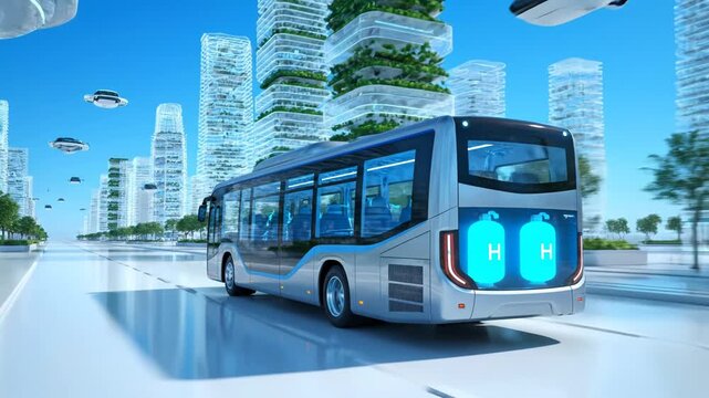 Futuristic hydrogen bus driving in a clean, green, sustainable smart city