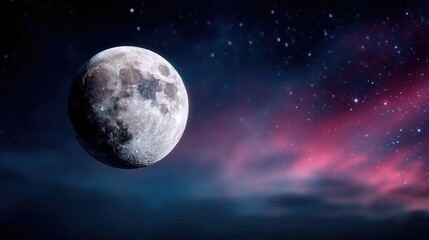 Fototapeta premium Pixelated Full Moon Over Cloudy Dark Blue Sky with Starry Nebula Background