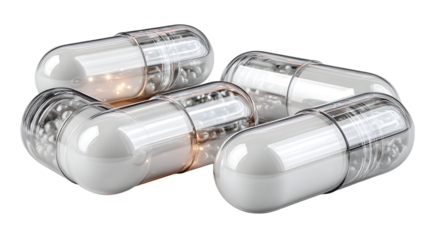 White pills, medicine capsules, vitamins or drugs, transparent background, medication treatment, health care concept