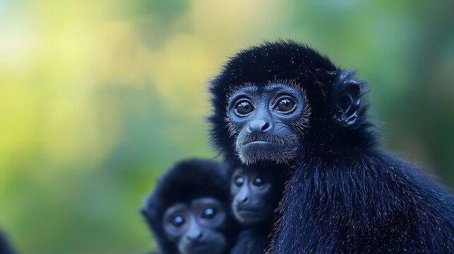 A closeup of a black spider monkey with two young ones behind it