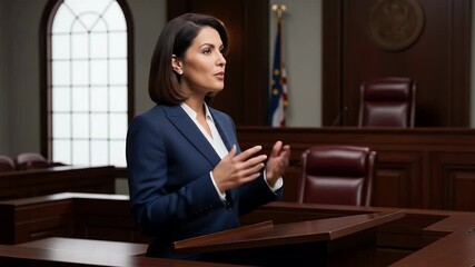Woman Lawyer Giving Statement Behind Wooden Podium In Courtroom Blue Suit Outfit