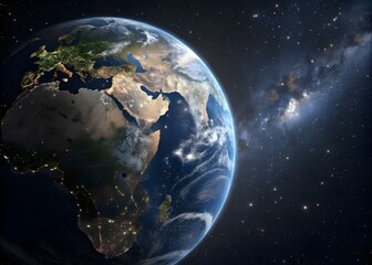 Obraz premium Photorealistic 3D Earth from deep space at night with glowing city lights and star-filled cosmos