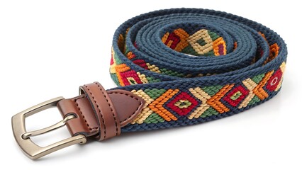 Rolled woven belt with colorful geometric pattern and leather accents